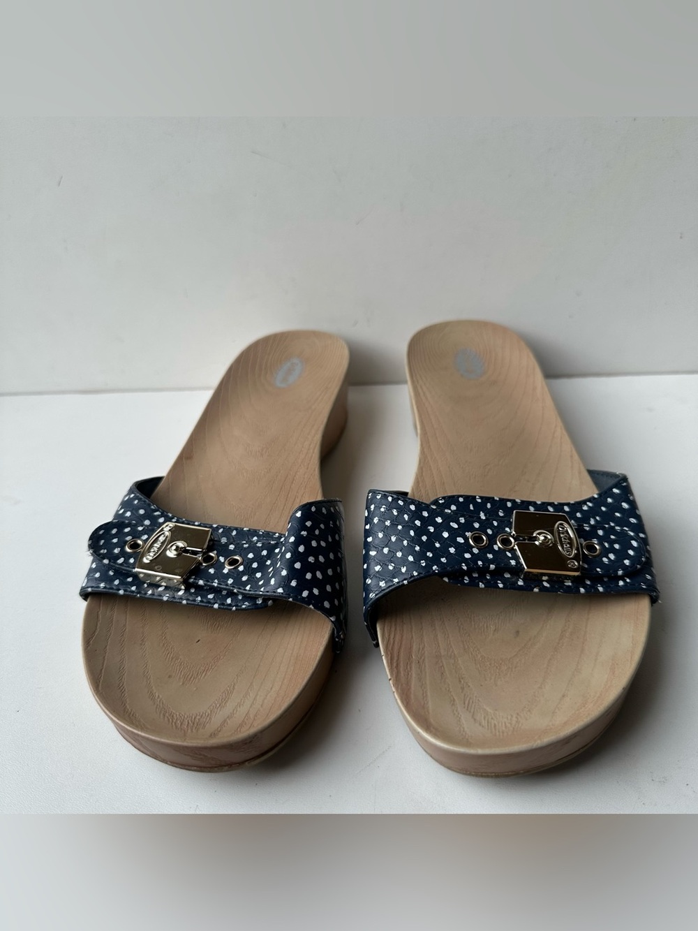 Dr. Scholl’s Classic Slide Sandals Women’s US 9 EUR 40 Navy Blue Polka Dot Wedge